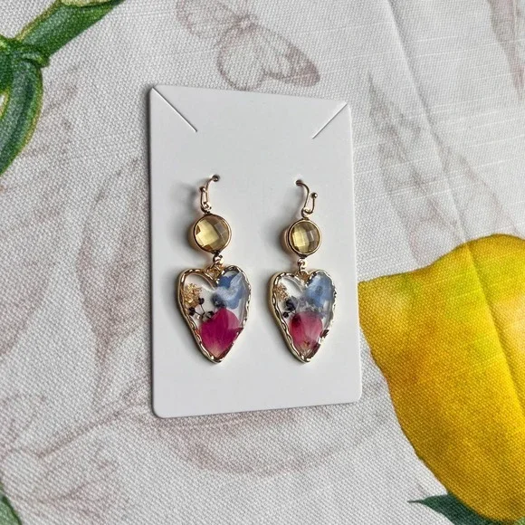 Floral Flower Petals Colorful Summer Abstract Resin Heart Earrings - Picture 3 of 9